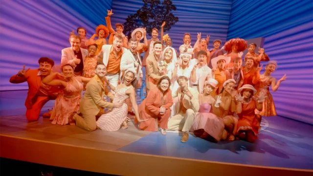 MAMMA MIA! London cast on stage from drone footage